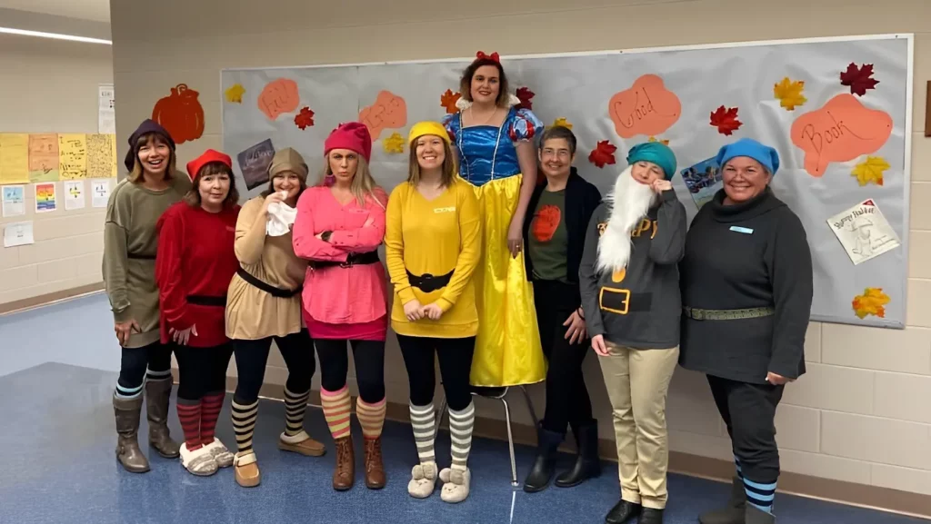 Heather (fourth from the left) and the rest of the 4th grade team dress up for Halloween.