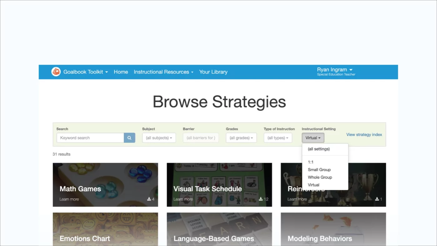 Virtual Setting in UDL Strategy Wizard in Goalbook Toolkit