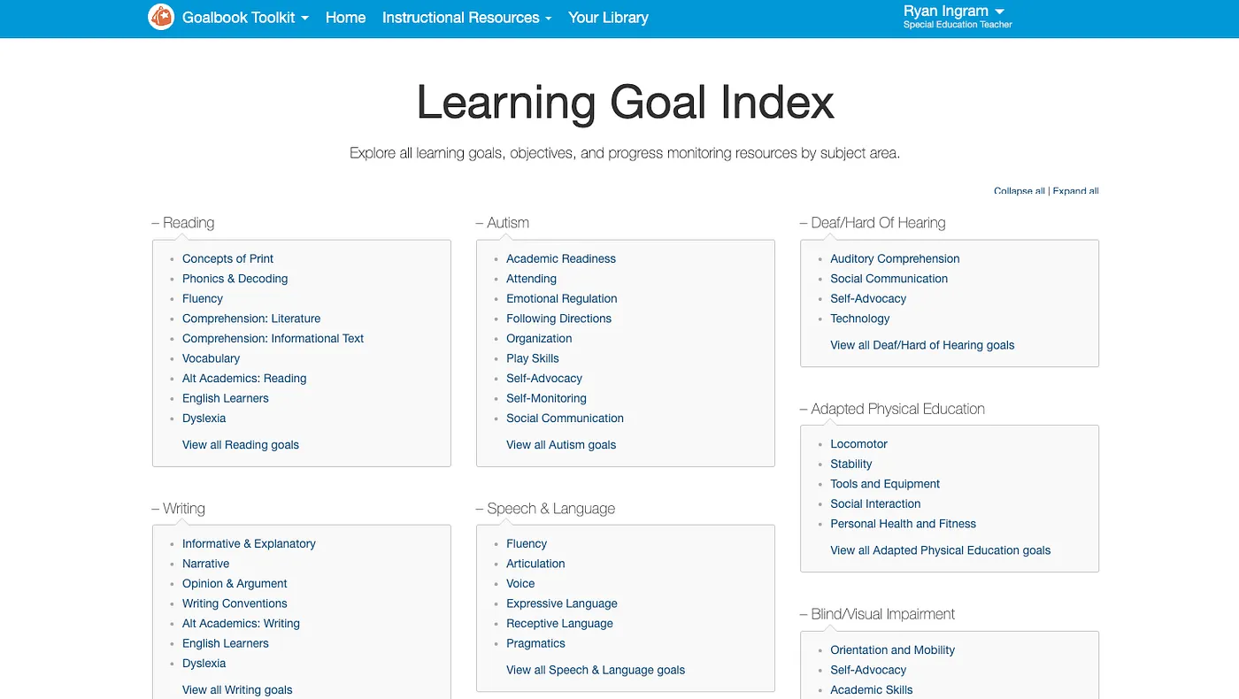 NEW Learning Goal Index Page in Goalbook Toolkit Surfaces IEP Goals Quickly and Easily